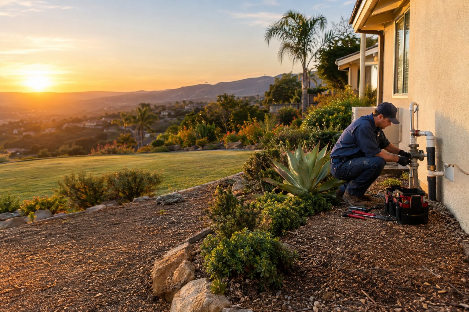 A licensed plumber checks an exterior water line beside a hillside Bonsall home, with tools arranged neatly on the ground in Bonsall, CA