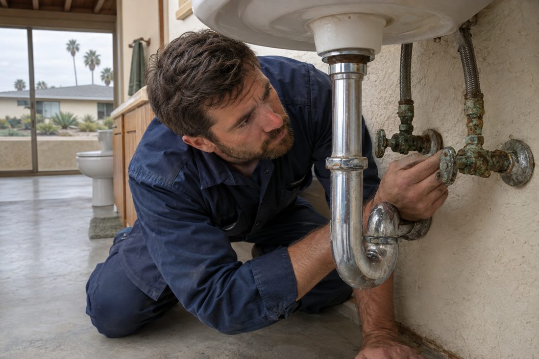 Close view of a plumber inspecting a corroded shutoff valve beneath a bathroom sink in a Carlsbad ranch home in Carlsbad, CA